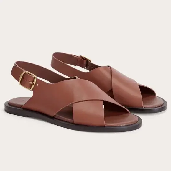 Everlane City Crossover Sandal Rum Brown Leather Flat Buckle Strap Size 5 New - Picture 8 of 8
